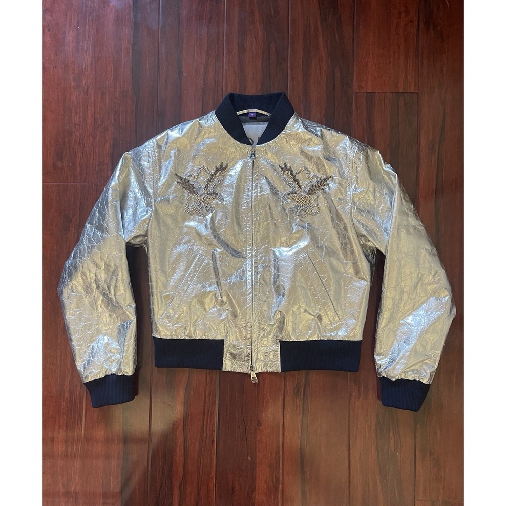 Ralph Lauren Collection Juliet Beaded Lamb Leather Bomber Jacket Silver Size 10 - Picture 2 of 16